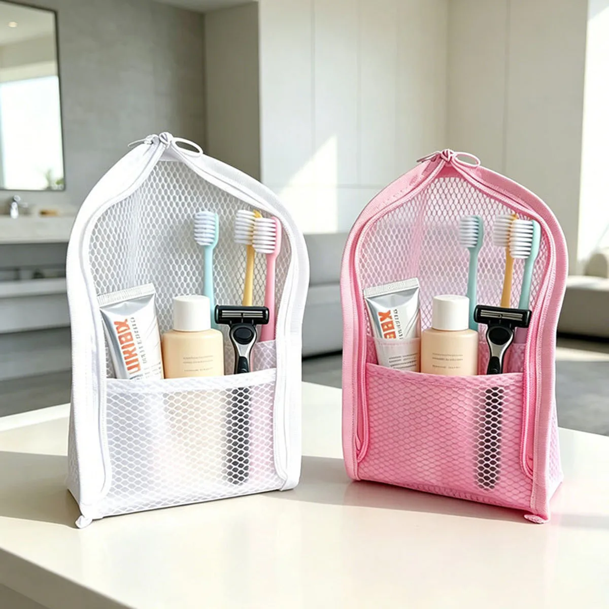 Travel Z - กระเป๋าใส่เครื่องสำอางแบบตาข่ายสำหรับเดินทาง - ระบายอากาศได้ดี แห้งเร็ว ป้องกันเชื้อรา พร้อมช่องใส่แปรงสีฟัน
