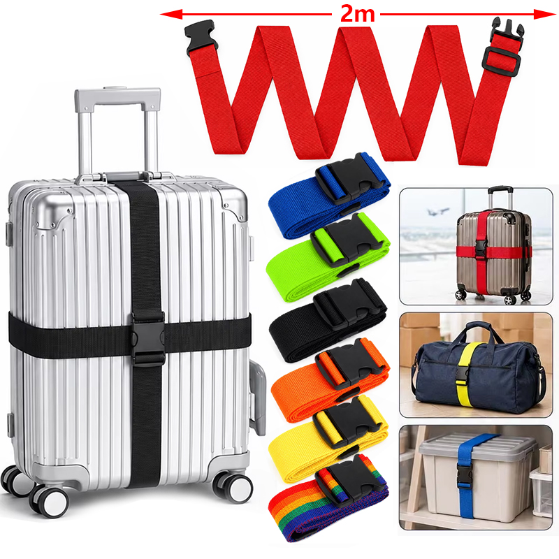 Travel Packing Cube - สายรัดกระเป๋าเดินทางแบบปรับได้ 2 เมตร สายคาดไขว้สำหรับจัดเก็บสัมภาระ สายรัดกระเป๋าเดินทางพร้อมหัวล็อกไนลอน อุปกรณ์เสริมสำหรับกระเป๋าเดินทางและกระเป๋าแคมป์ปิ้ง