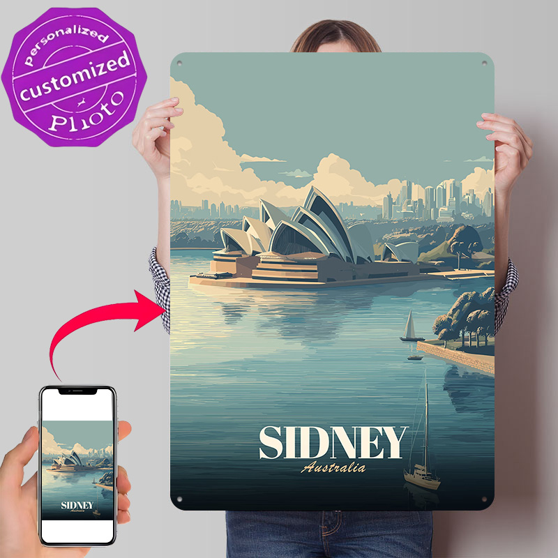 Travel Accessories Sydney - ป้ายโลหะพิมพ์ลาย 3 มิติ แบบย้อนยุค ลายโรงละครโอเปร่าซิดนีย์ ของตกแต่งผนังแบบกำหนดเอง