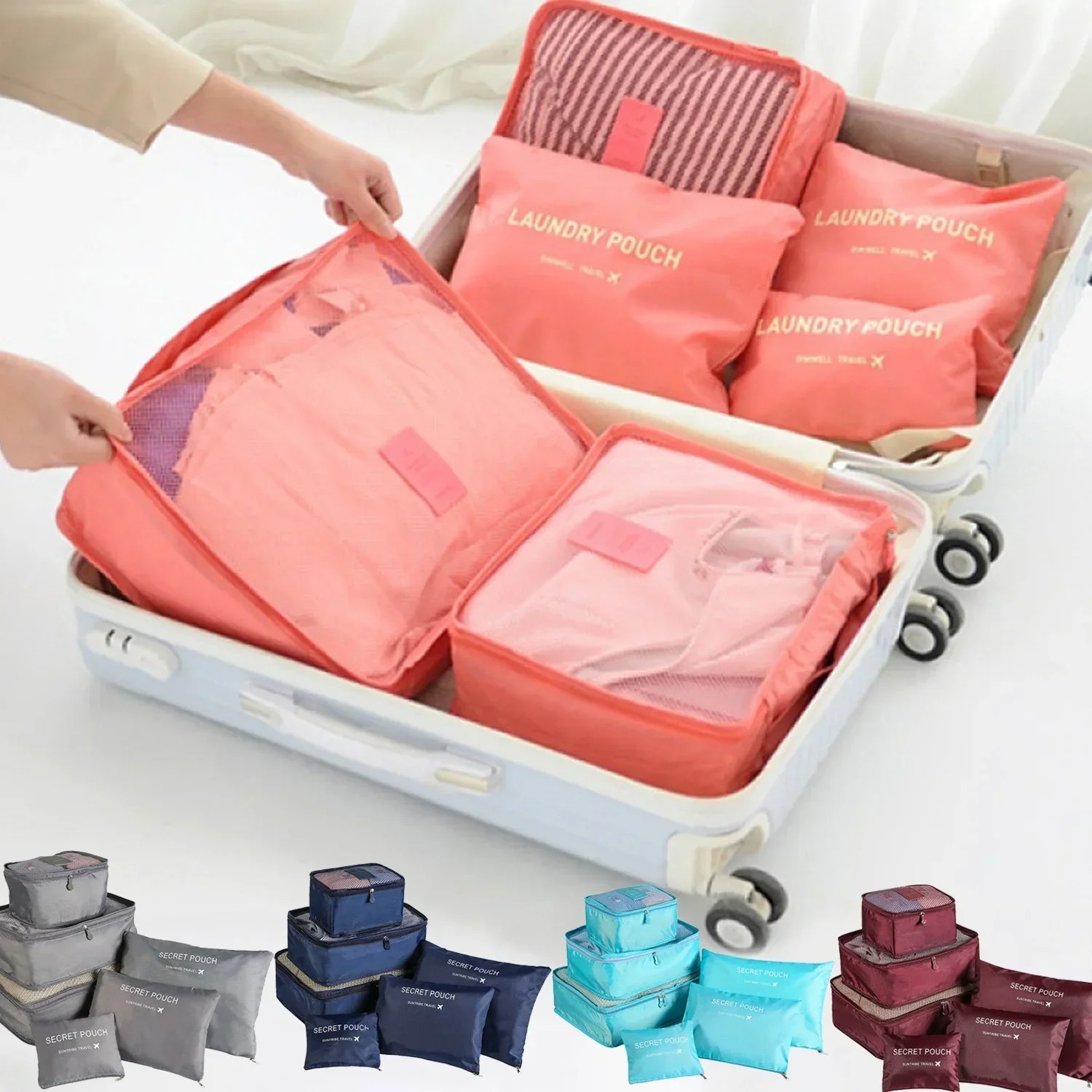 Travel Packing Cube - ชุดกระเป๋าจัดเก็บสัมภาระสำหรับเดินทาง 6 ชิ้น ชุดจัดระเบียบกระเป๋าเดินทาง กล่องเก็บของแบบพกพา ที่จัดระเบียบเสื้อผ้าและรองเท้าแบบพับได้