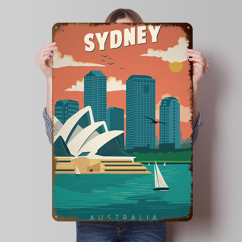 Travel Accessories Sydney - โปสเตอร์ท่องเที่ยวซิดนีย์ ป้ายโลหะวินเทจแบบกำหนดเอง ศิลปะติดผนัง ป้ายดีบุกย้อนยุค สำหรับตกแต่งบ้าน ของตกแต่งห้องนั่งเล่น